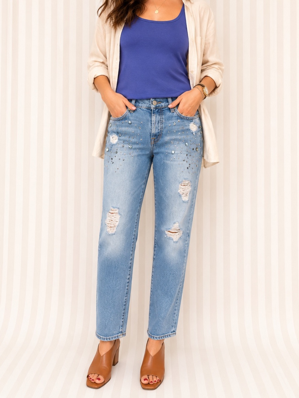 7 For All Mankind Josefina Crystal Embellished Distressed Boyfriend Jeans